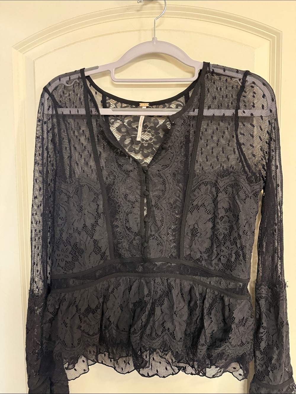 Free People Black Floral Lace Top with Signature Logo Plate